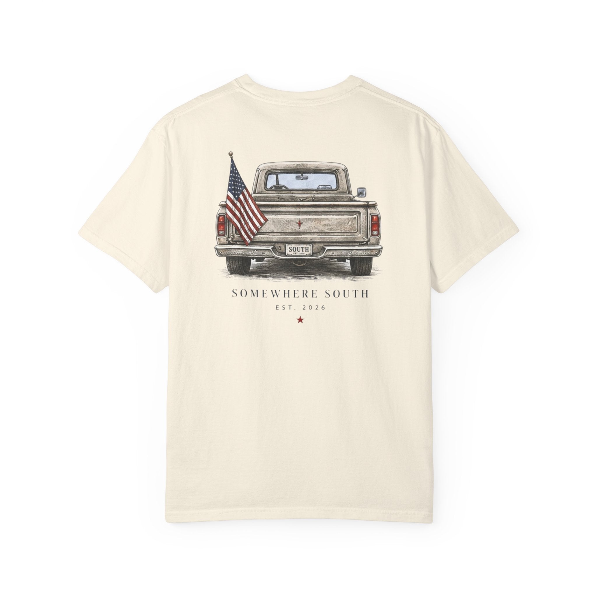 Somewhere South Truck T-Shirt — Vintage American Flag Pickup Tee