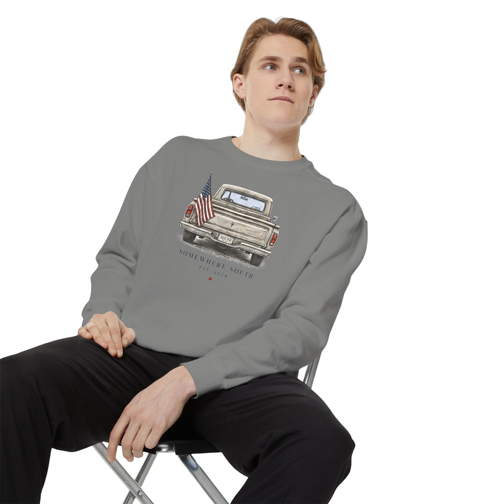 Vintage Pickup Truck Sweatshirt – 'Somewhere South' American Flag Crewneck
