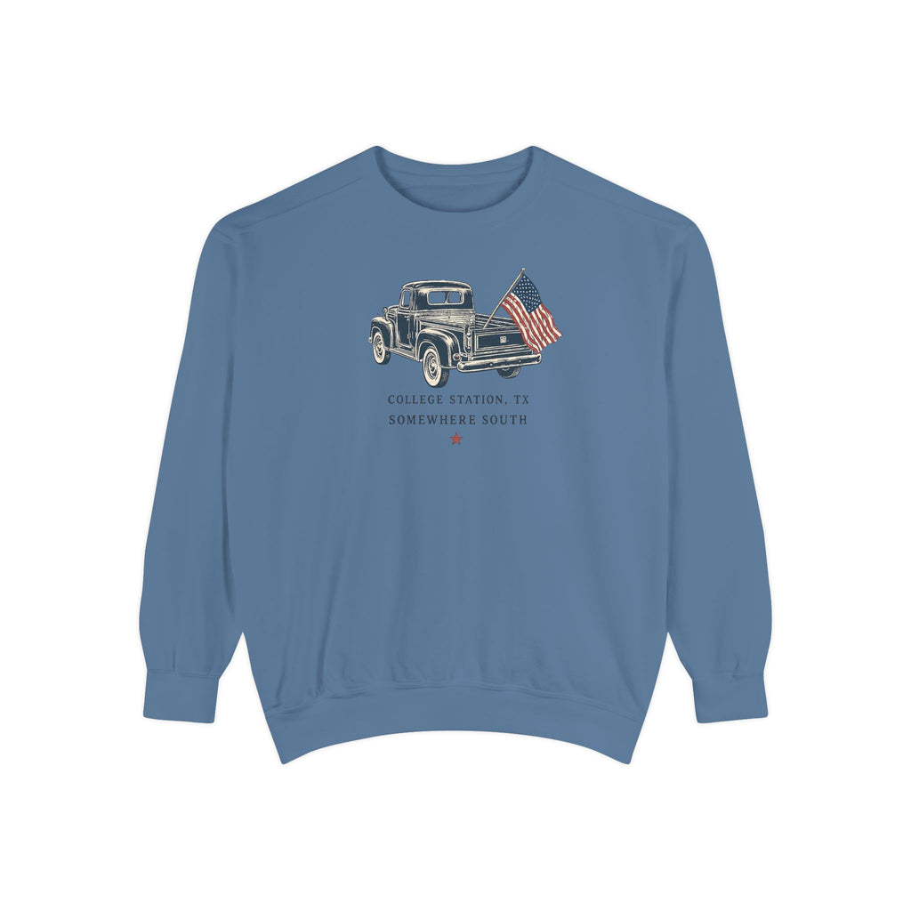 Vintage Truck Sweatshirt — College Station, TX with American Flag