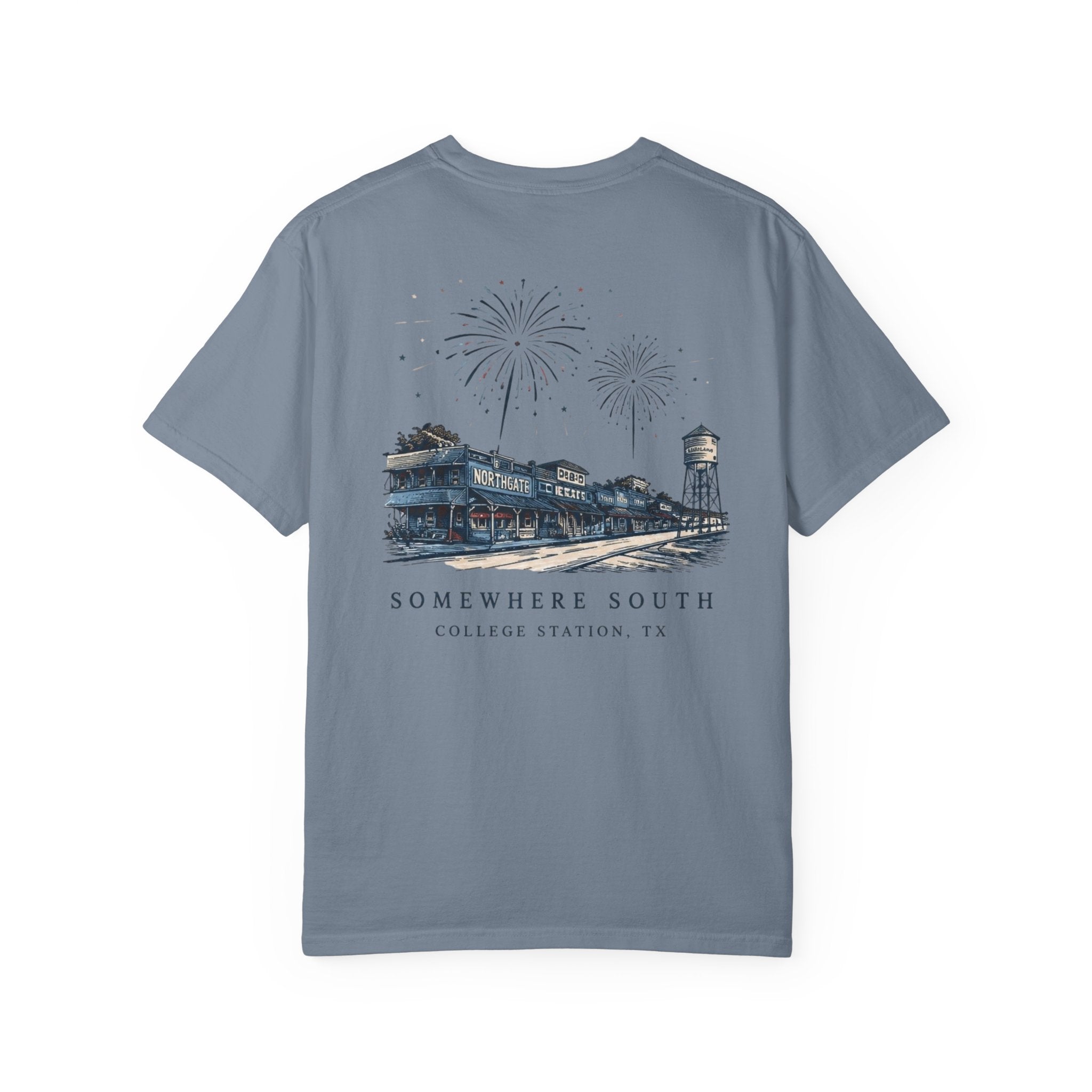 Somewhere South College Station T-Shirt — Scenic Fireworks Comfort Tee