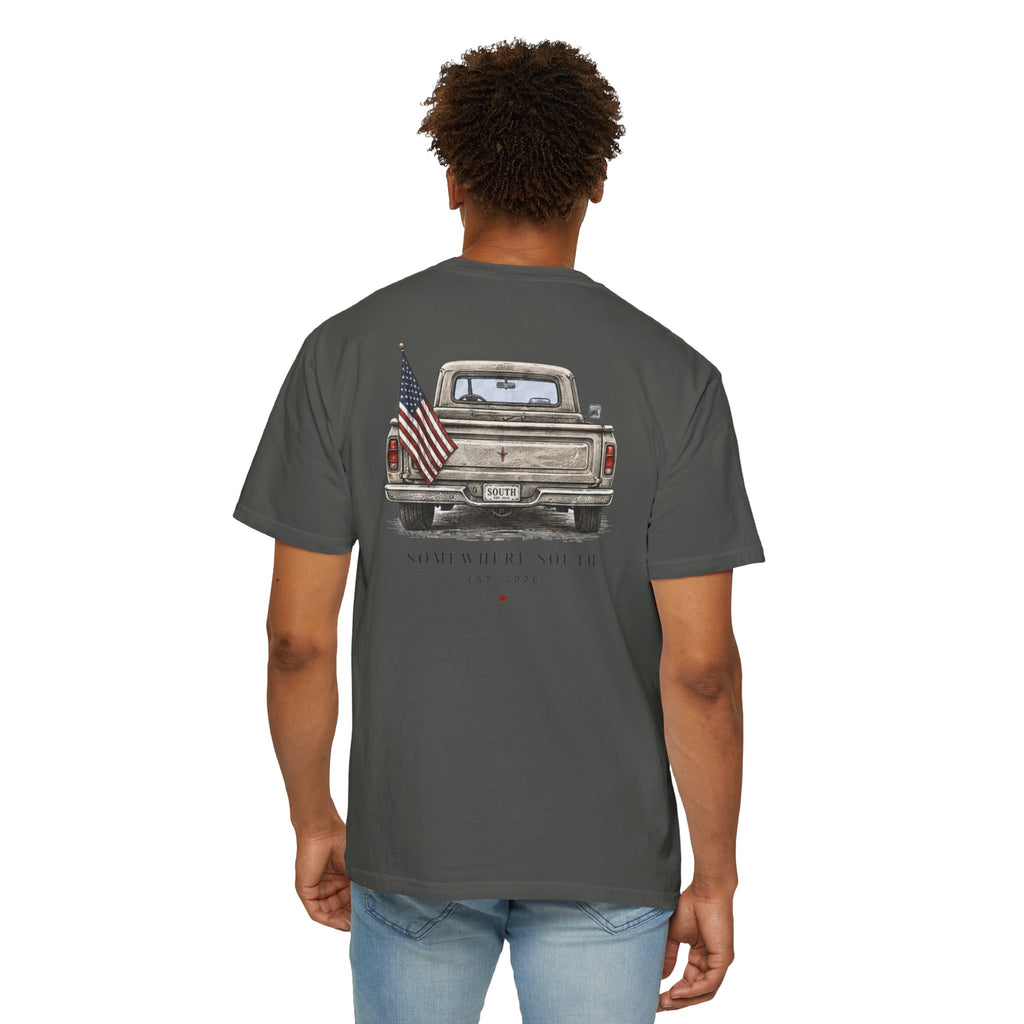 Somewhere South Truck T-Shirt — Vintage American Flag Pickup Tee