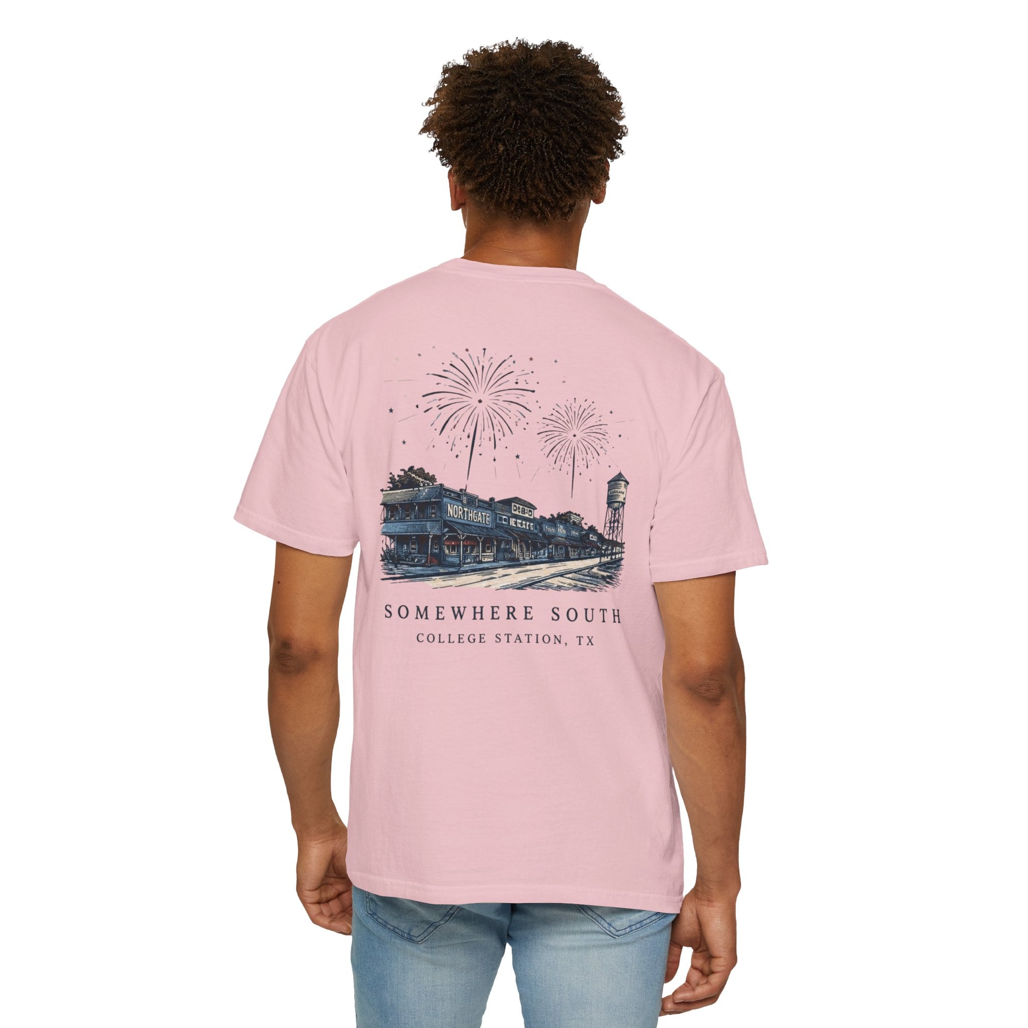 Somewhere South College Station T-Shirt — Scenic Fireworks Comfort Tee