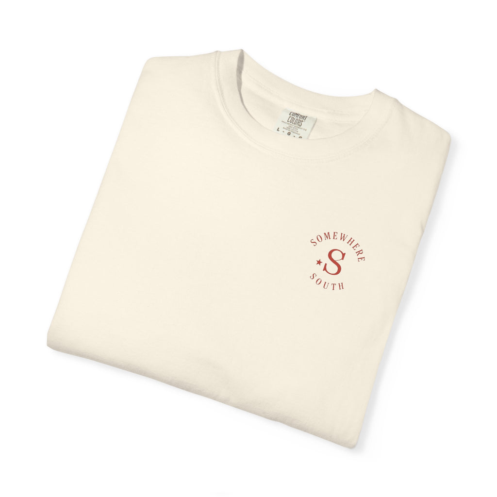 Somewhere South Lake Scene T‑Shirt — American Flag Sunset Graphic Tee