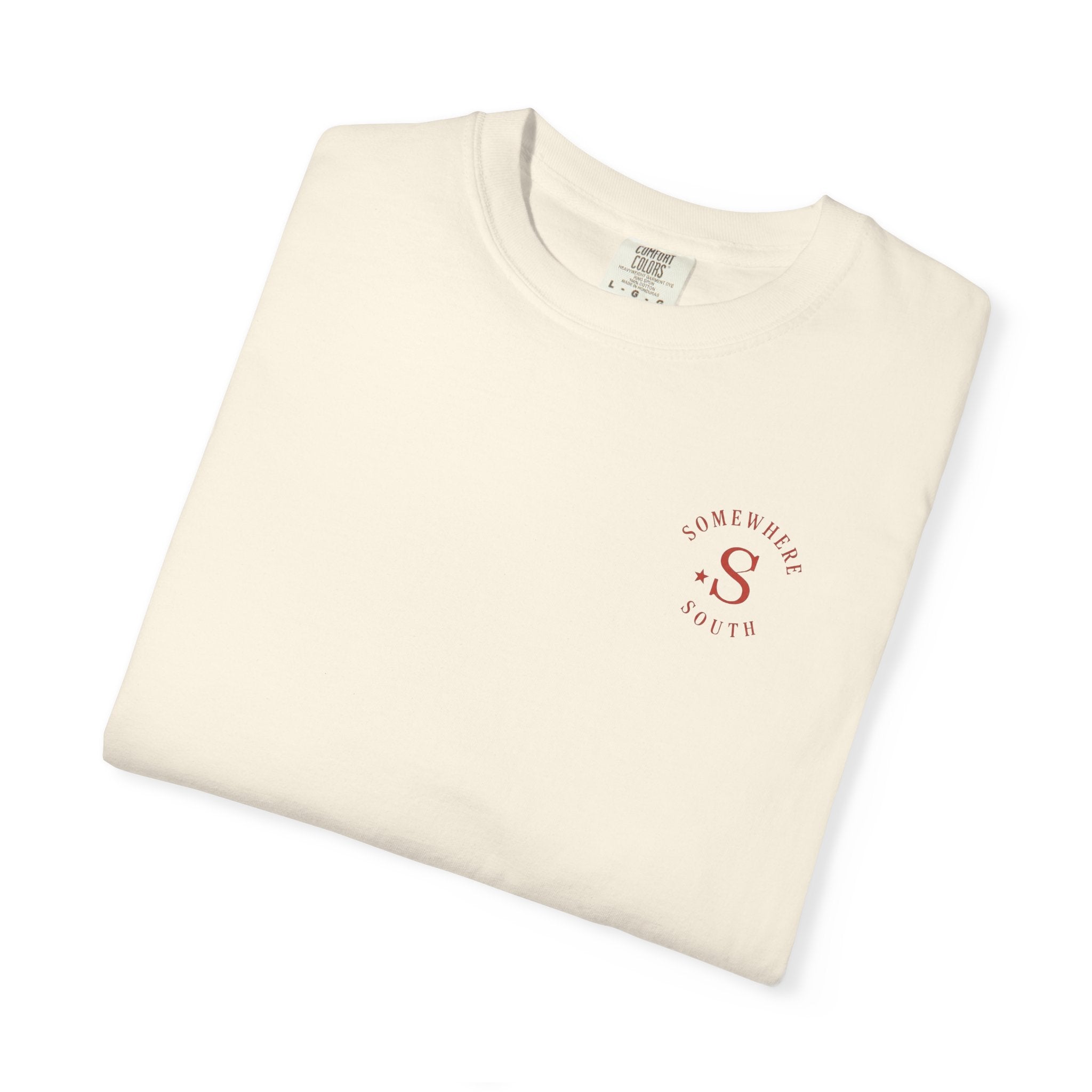 Somewhere South Lake Scene T‑Shirt — American Flag Sunset Graphic Tee