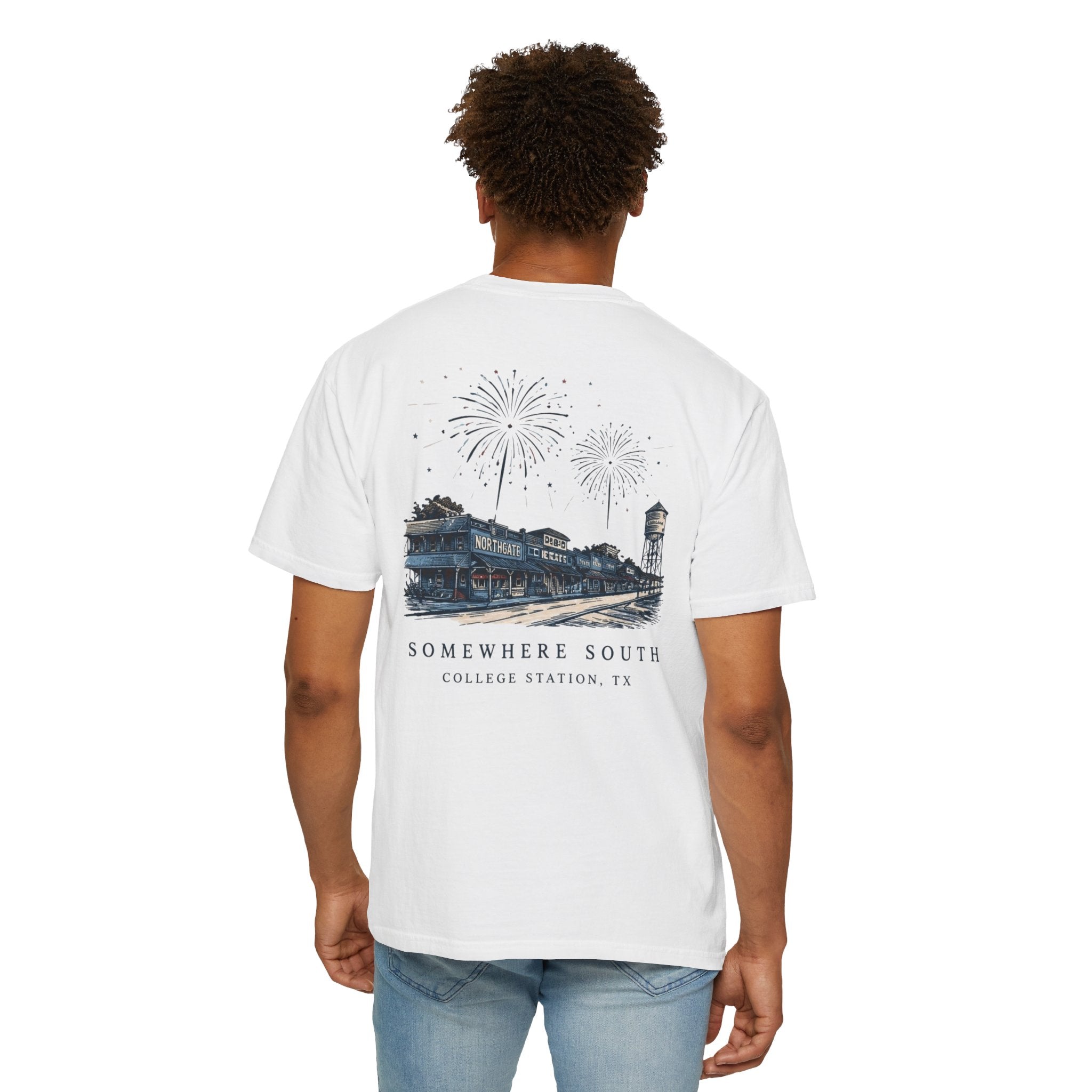 Somewhere South College Station T-Shirt — Scenic Fireworks Comfort Tee