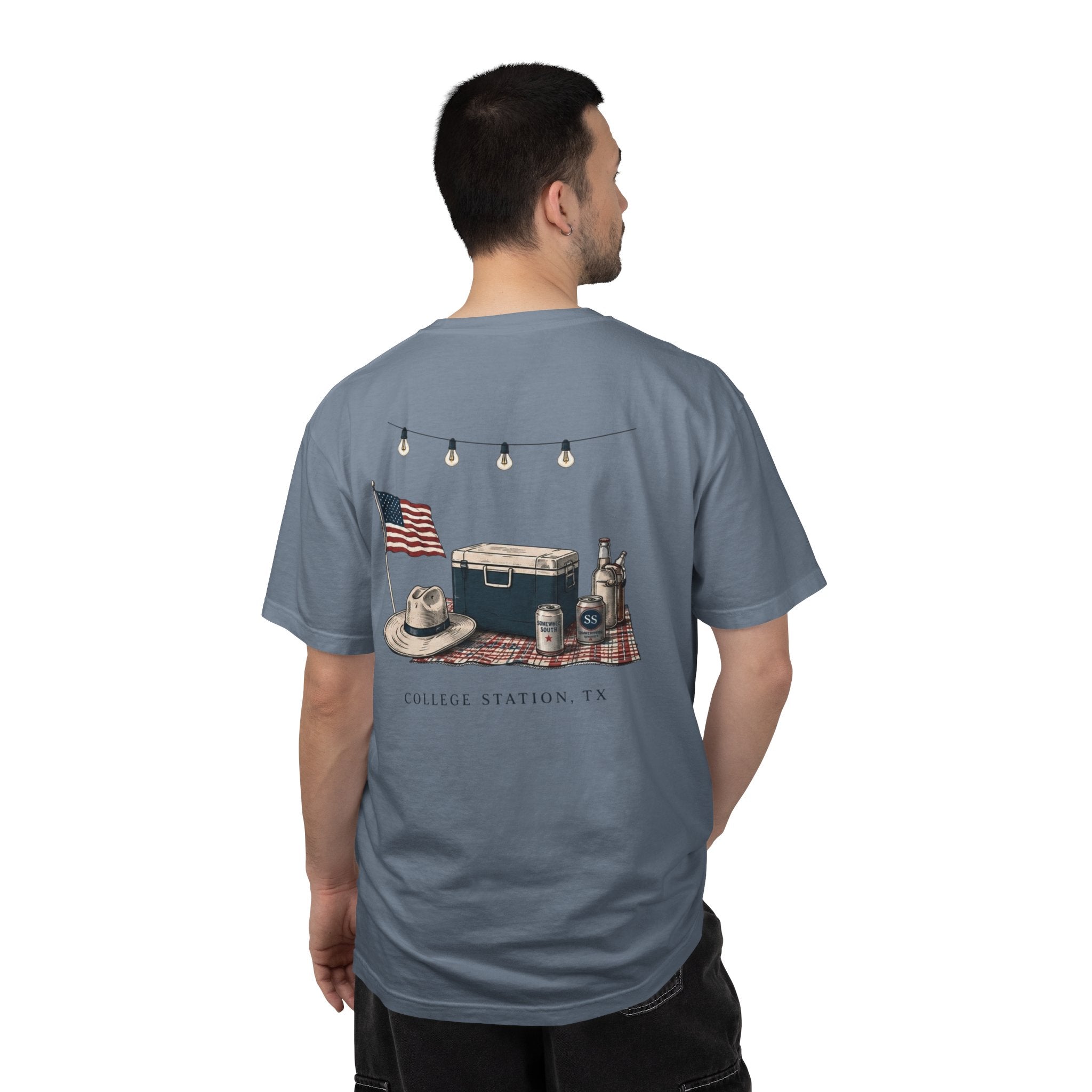 Patriotic Tailgate T-Shirt — "Good Times, Cold Drinks" College Station Graphic