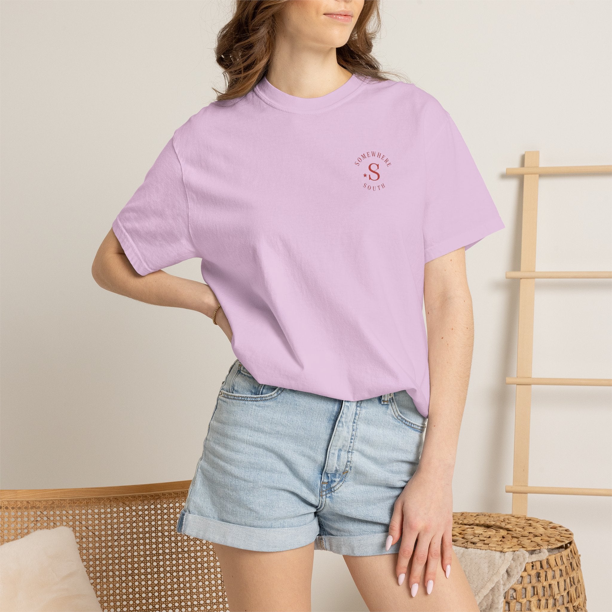 Somewhere South Lake Scene T‑Shirt — American Flag Sunset Graphic Tee