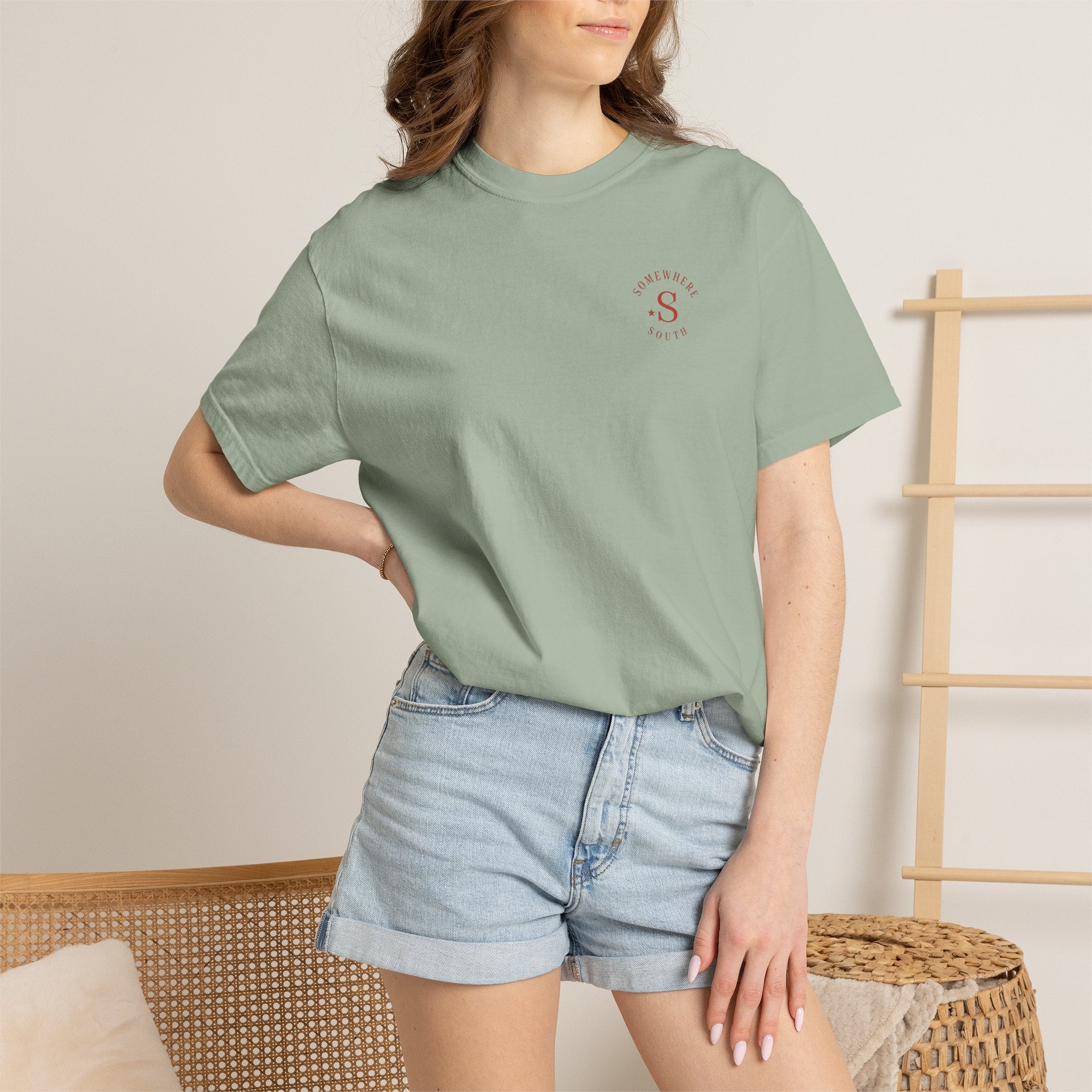 Somewhere South Lake Scene T‑Shirt — American Flag Sunset Graphic Tee