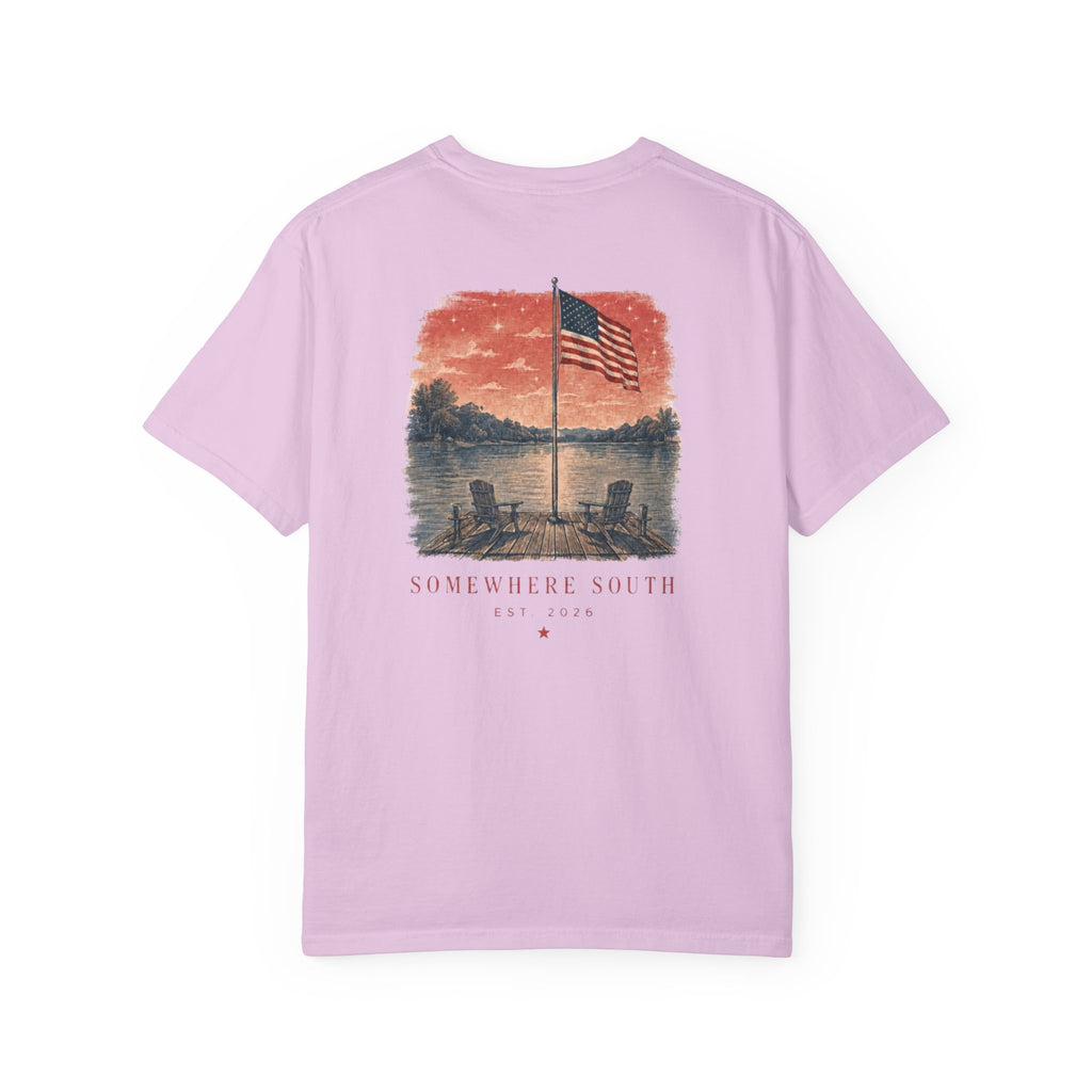 Somewhere South Lake Scene T‑Shirt — American Flag Sunset Graphic Tee