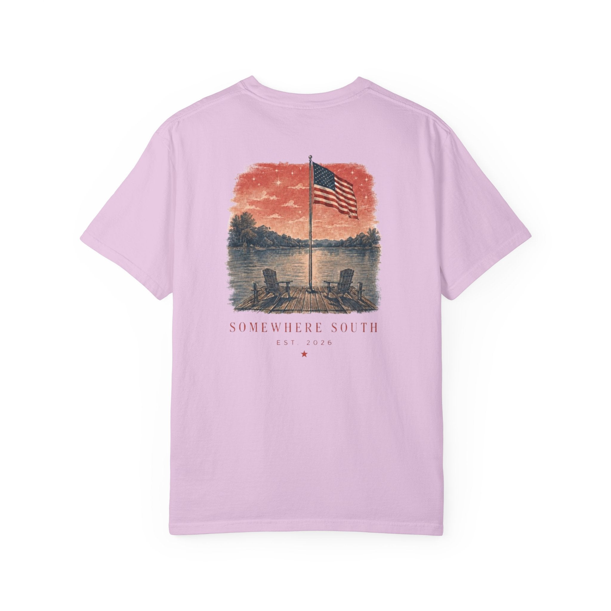 Somewhere South Lake Scene T‑Shirt — American Flag Sunset Graphic Tee
