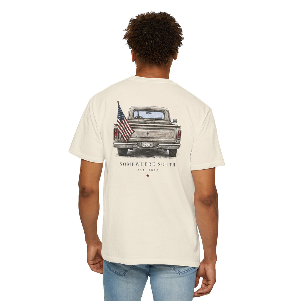 Somewhere South Truck T-Shirt — Vintage American Flag Pickup Tee