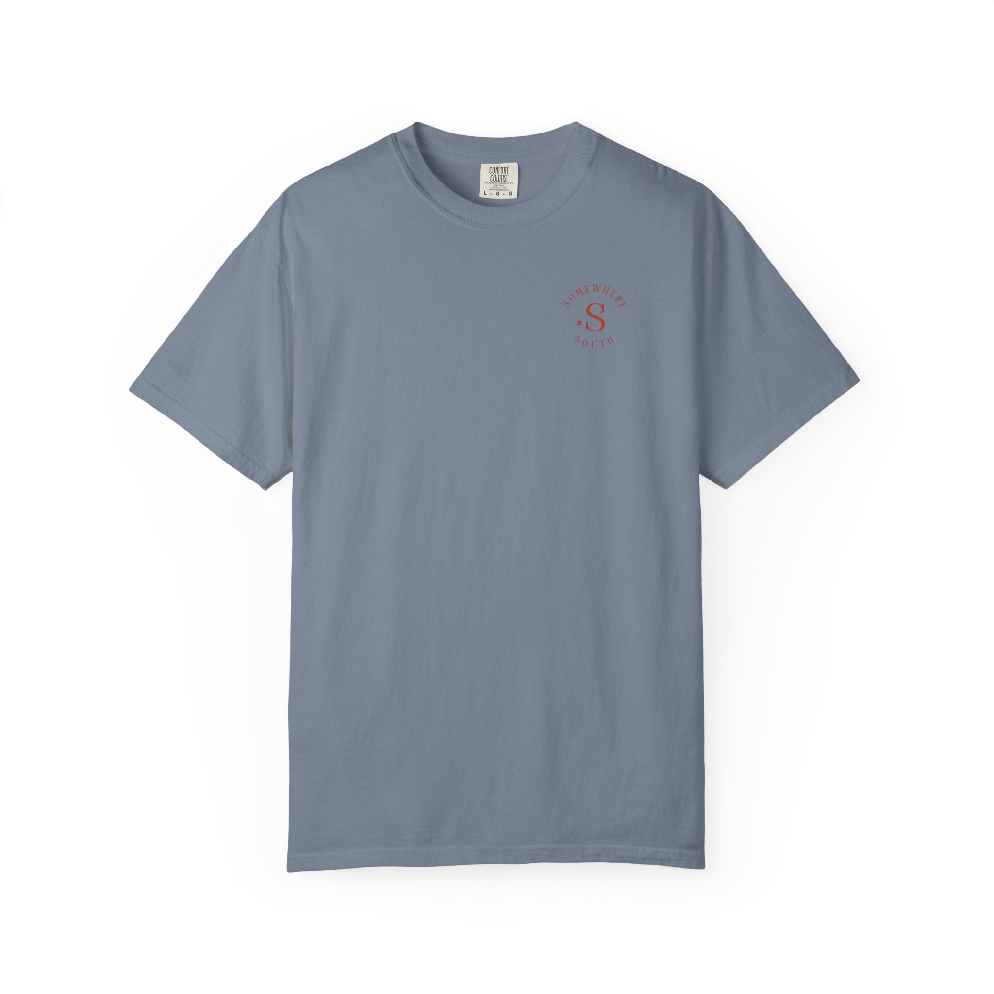 Somewhere South Lake Scene T‑Shirt — American Flag Sunset Graphic Tee