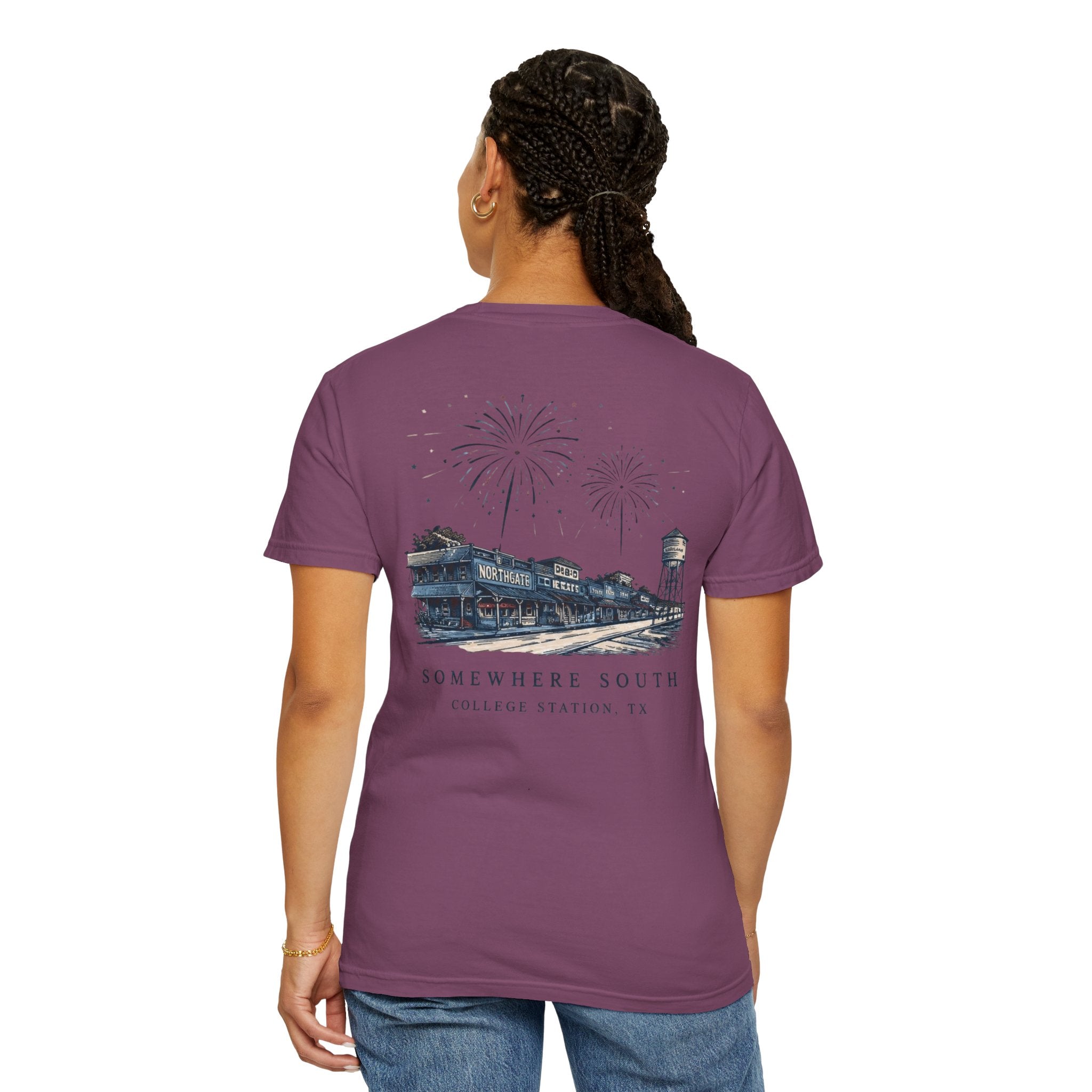 Somewhere South College Station T-Shirt — Scenic Fireworks Comfort Tee