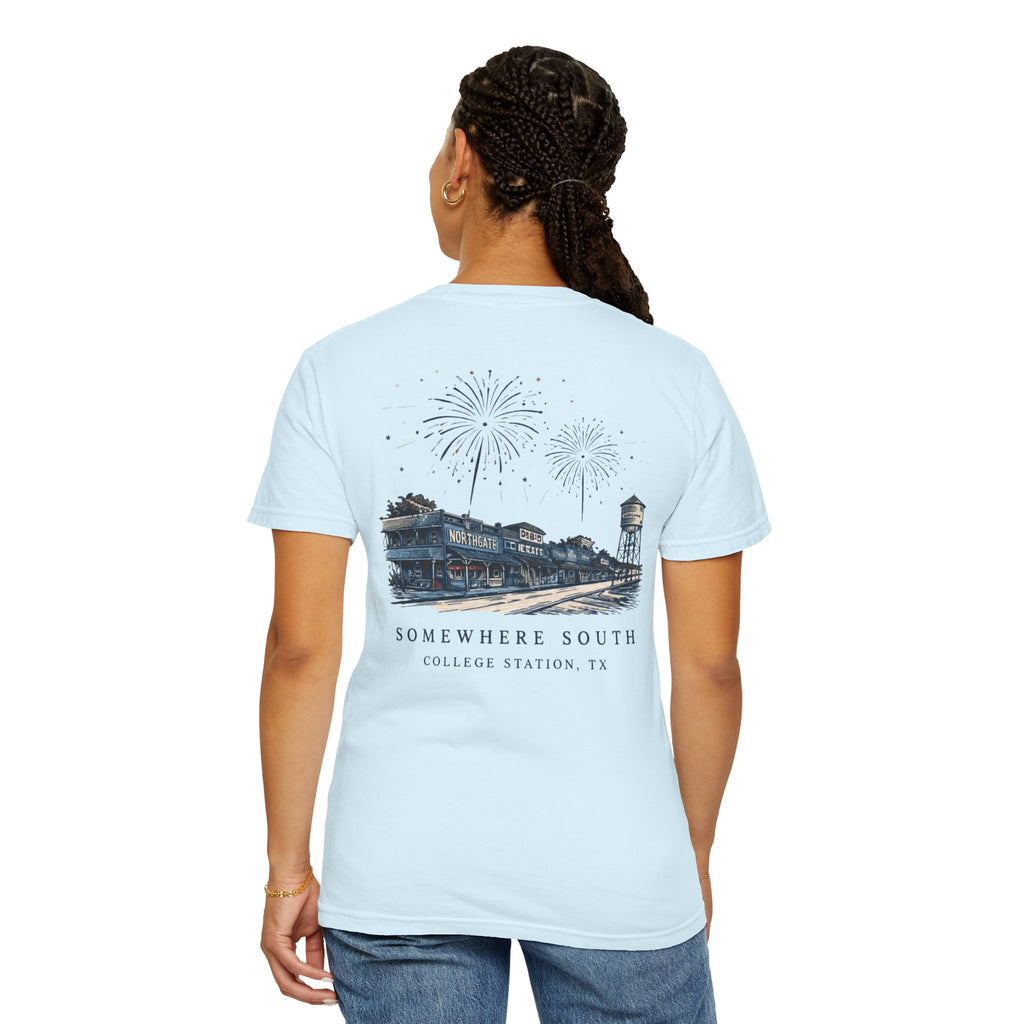 Somewhere South College Station T-Shirt — Scenic Fireworks Comfort Tee