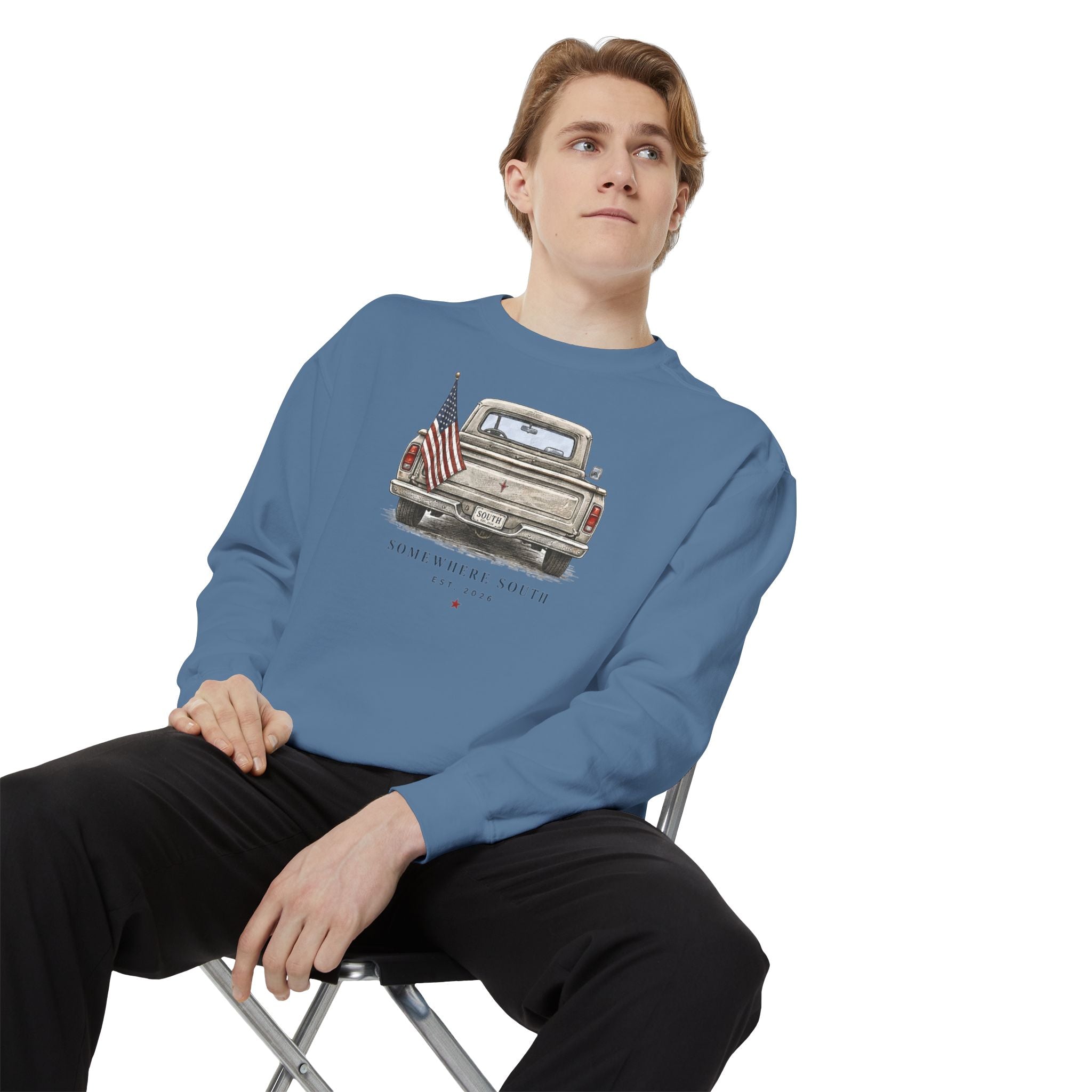 Vintage Pickup Truck Sweatshirt – 'Somewhere South' American Flag Crewneck