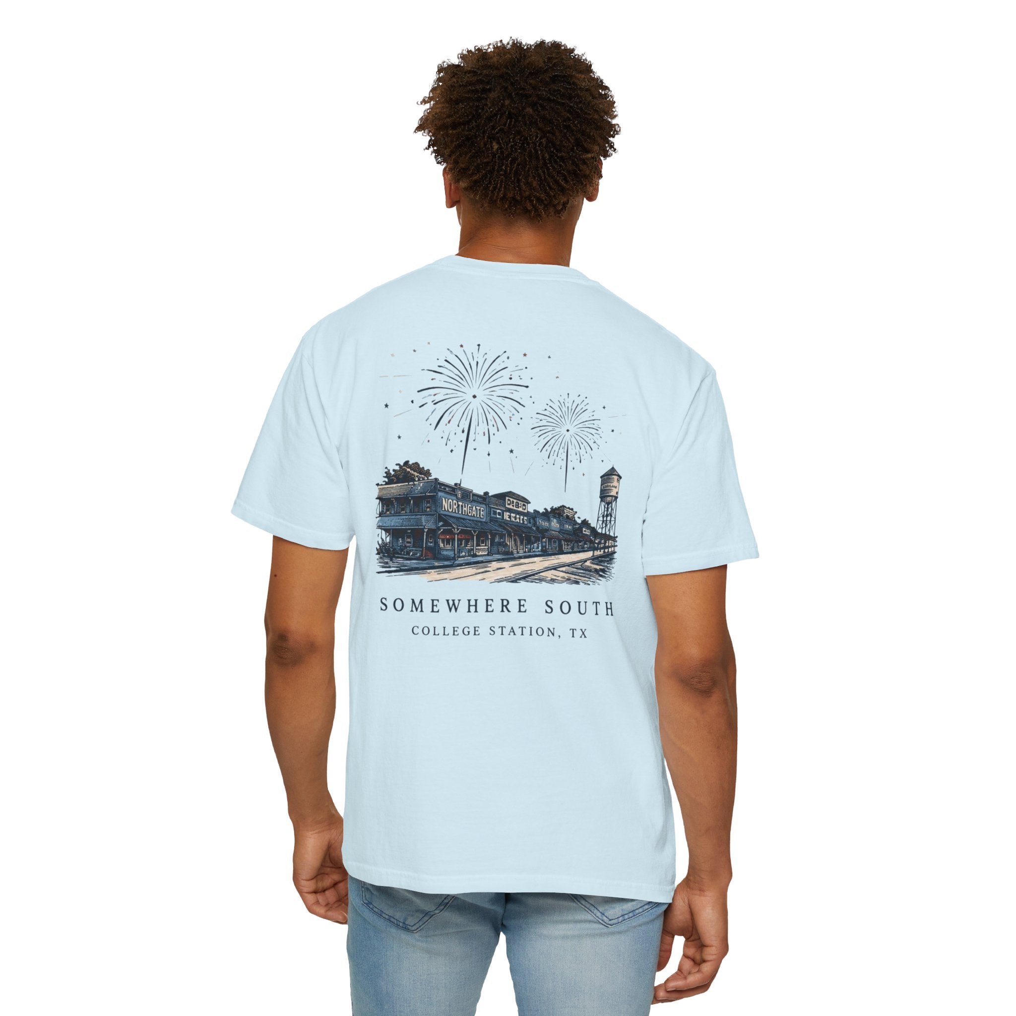 Somewhere South College Station T-Shirt — Scenic Fireworks Comfort Tee